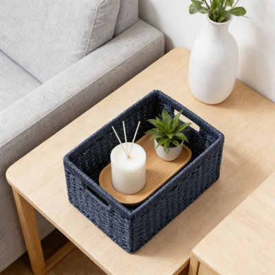 Ensemble de 2 paniers de rangement pliables, bacs de rangement en corde de papier tissés à la main avec poignées pour l'organisation à la maison, bacs rectangulaires pliables pour le garde-manger, la salle de bain, la tablette et le rangement des jouets