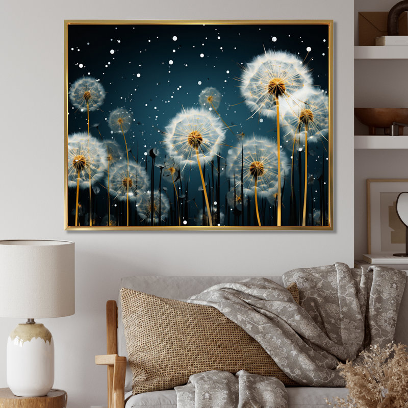 White Teal Dandelion Symphony IV - Floral Wall Decor, 16" H x 32" W x 1" D, Gold Floater Framed