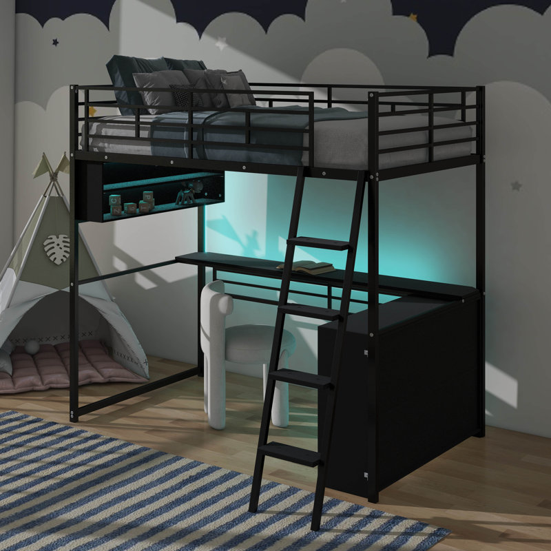 Lit mezzanine en métal avec DEL, bureau et tablettes, Lit simple