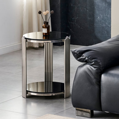 Table de bout ronde moderne 16,9 po avec plateau en verre trempé à 2 niveaux et structure en acier inoxydable