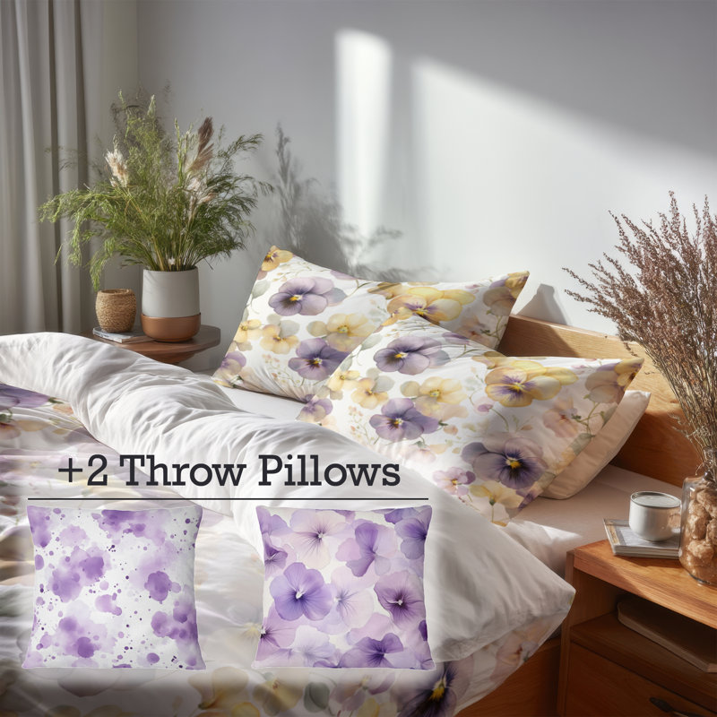 Ensemble de housse de couette Floral de 5 - Ensemble de literie et de coussins French Country Pastel Pansy Harmony