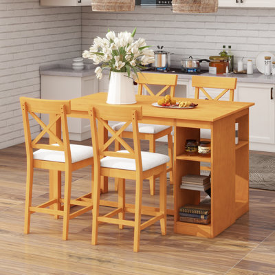 Ensemble de table de salle à manger à hauteur de comptoir 5 pièces avec tablettes de rangement à 3 niveaux, chaises de salle à manger rembourrées pour 4, pour salle à manger, cuisine, salon