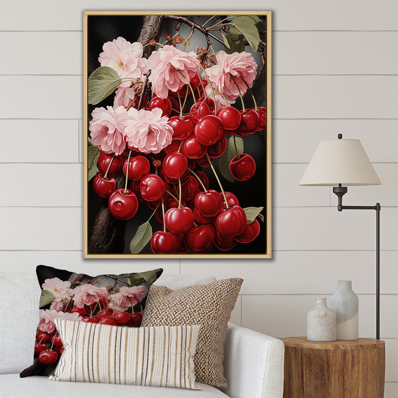Red Cherry Fruit Beauty I - Art mural cerise, Cadre flottant brun, H 40 po x l 30 po x P 1,5 po