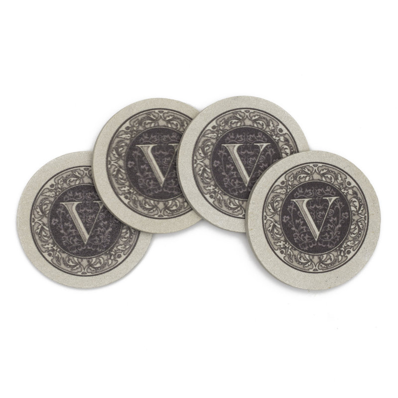 Ensemble de 4 sous-verres en grès naturel Lettre monogramme, V