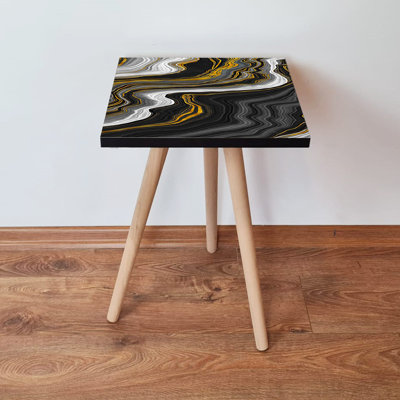 Stylish Side Table, Black and Gold Marble Design, 13.8 x 16.5 x 13.8 inches | 100% MDF with Beech Wood Legs, Thickness: 0.7 inches | Perfect for Modern Living Rooms & Bedrooms, Elegant Abstract Accent Piece