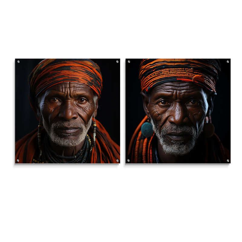 Portrait de chef tribal ébène - ensemble de 2 peintures murales en acrylique tribal africain, H 36 po x l 73 po
