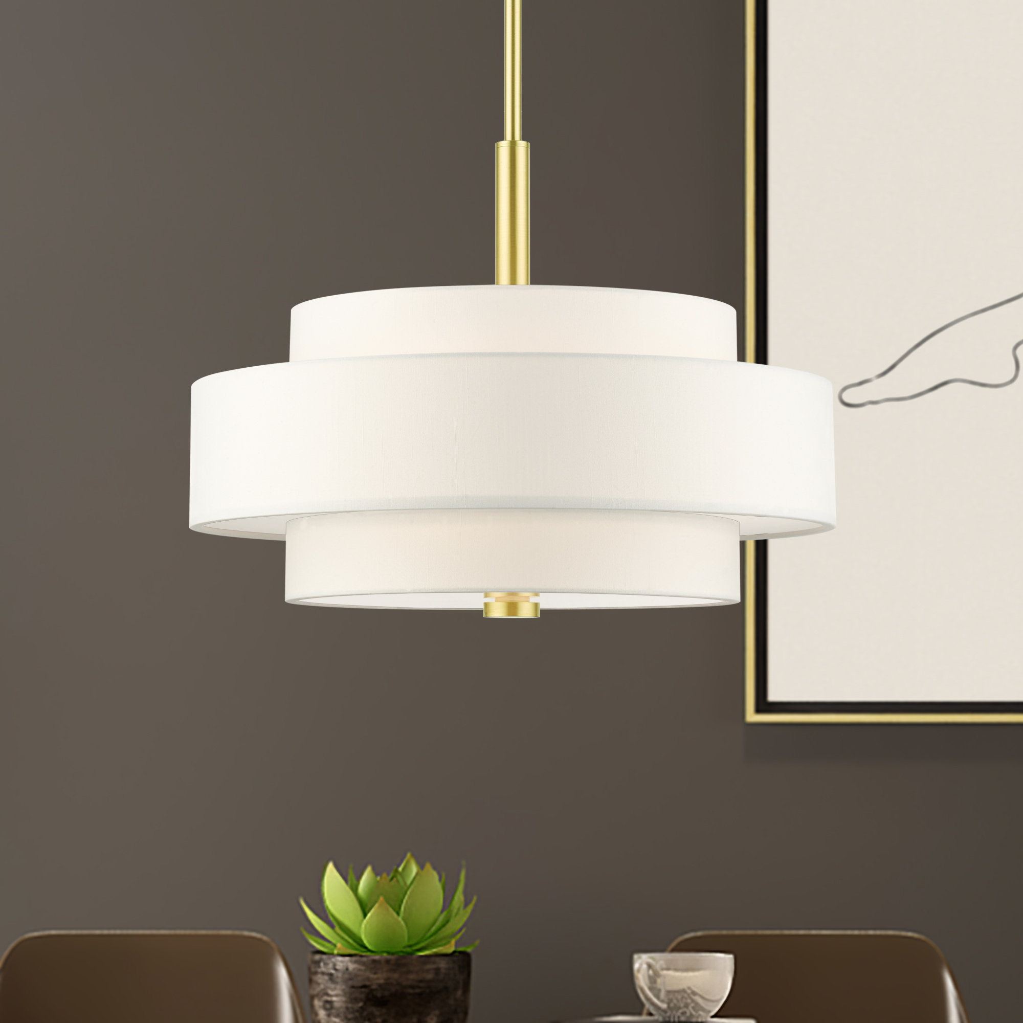 Flaire 4 - Light Metal Dimmable Drum Chandelier, Satin Brass, Off-White