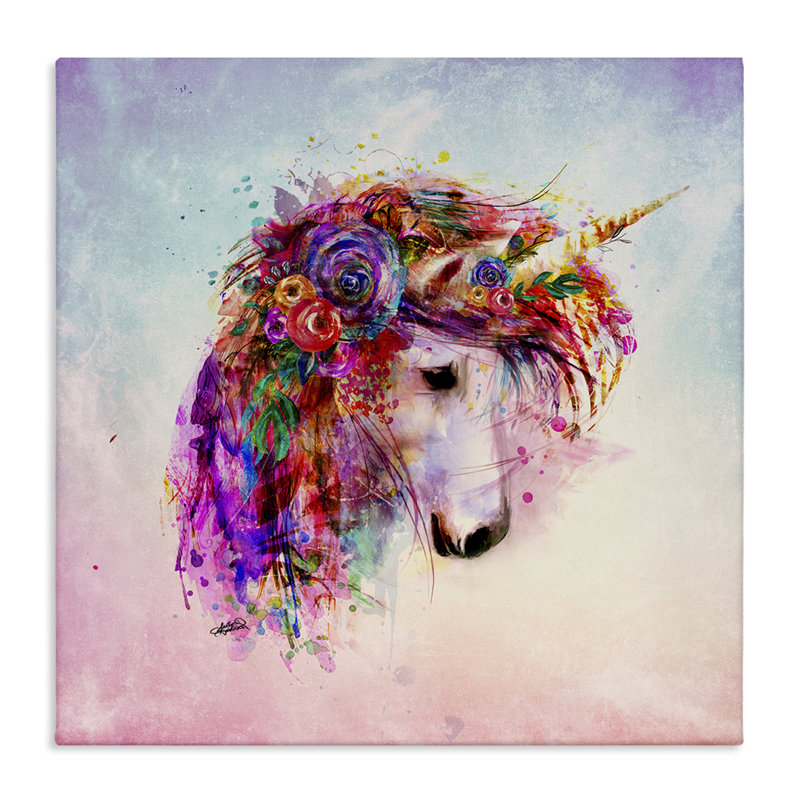 Art abstrait sur toile avec licorne abstraite et fleurs par Sally Kaye Barlow / Makaio Design, H 30 po x l 30 po