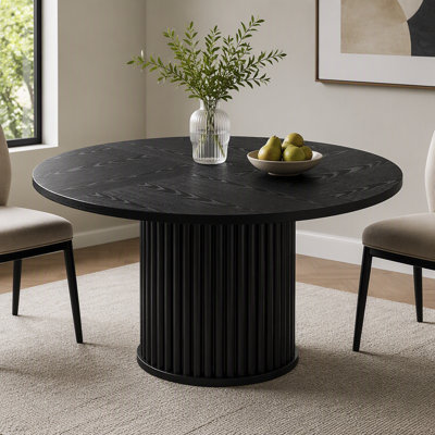 Black Round Wooden Dining Table,Kitchen Dinner Table,Comes with Sturdy Grooved Metal Base