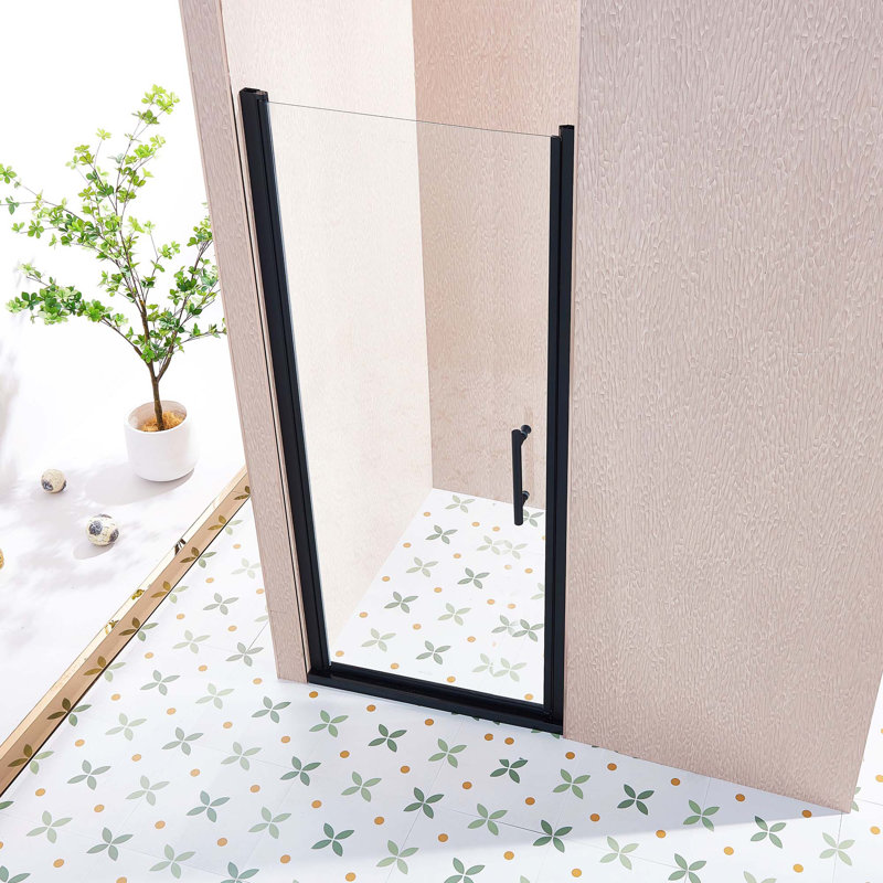 Porte de douche pivotante simple pivotante, alliage d'aluminium noir mat, verre trempé clair de 6 mm d'épaisseur.