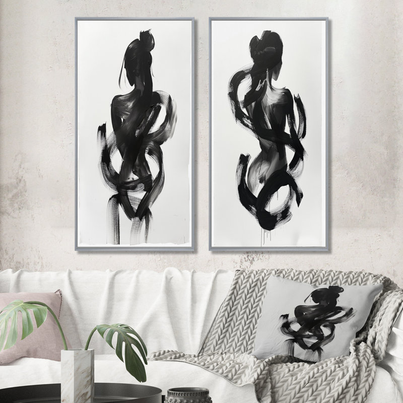 And Minimal Woman Silhouette I - Abstract Shapes Wall Art 2 Pieces Set, 32" H x 32" W, Silver Floater Framed
