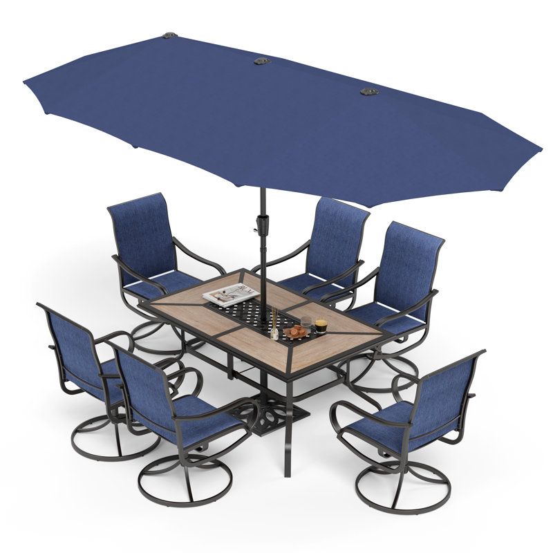 8pcs Outdoor Patio Dining Sets With Umbrella, Blue, Blue