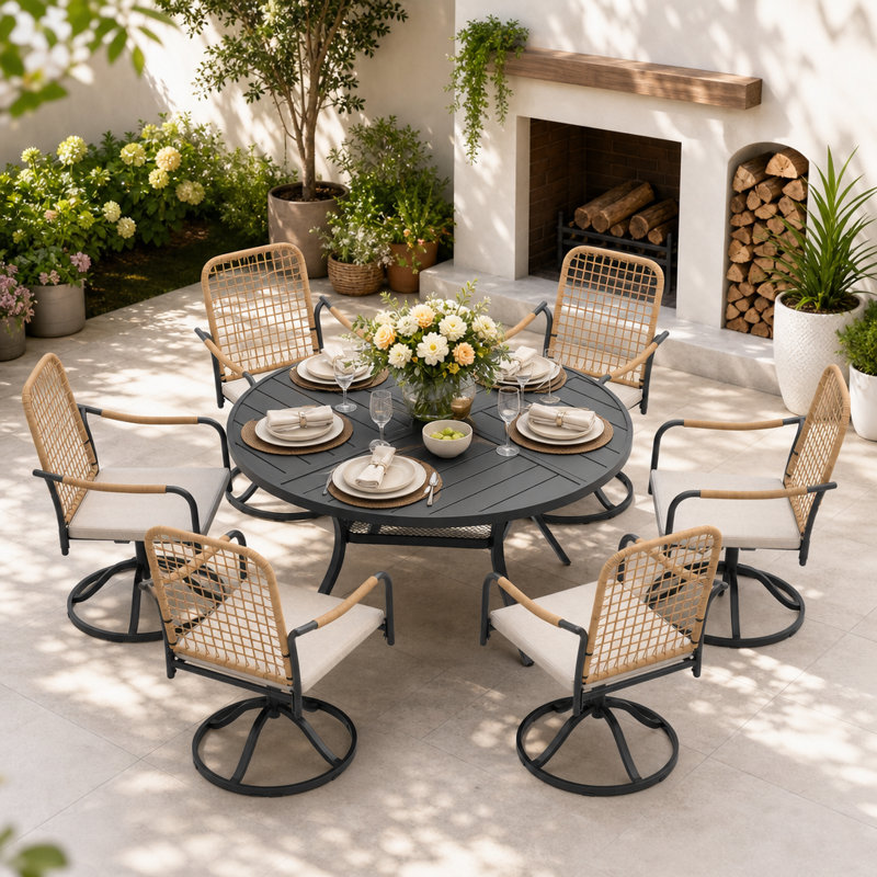 6-Person Round Patio Dining Set With 360° Swivel Cushioned PE Wicker Chairs