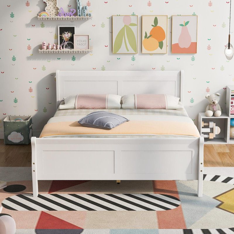 Lit plateforme en bois avec tête de lit et lattes en bois, Double, Blanc
