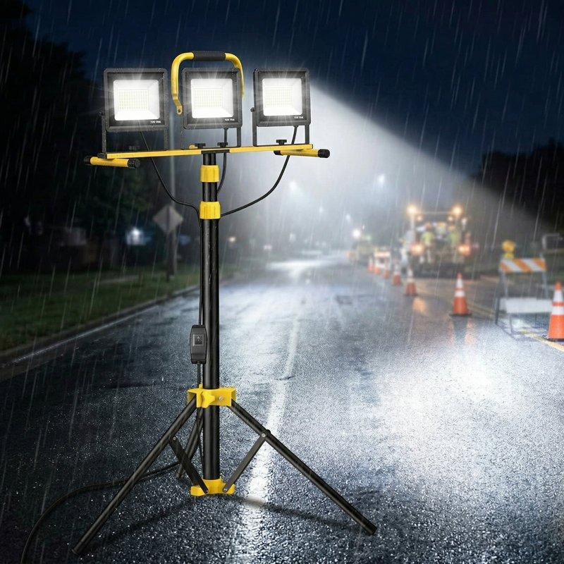 Lampe de travail à DEL avec pied, 21 000 lumens, lampe de travail réglable à 3 têtes, Noir