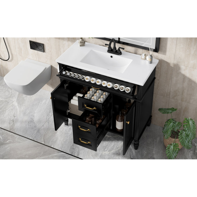 Meuble-lavabo 36 po avec lavabo, meuble autoportant noir avec cuve en céramique, cadre en bois aggloméré et en bois massif, tiroir supérieur rabattable, portes à fermeture en douceur, 2 tiroirs de rangement, poignées dorées