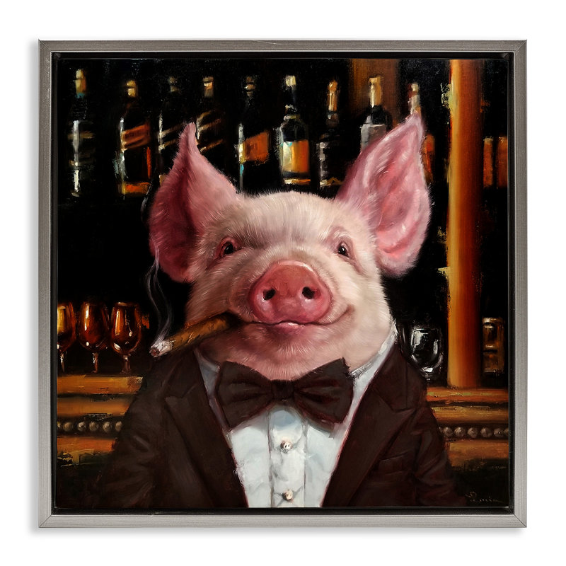 «Classy Pig at Cigar Bar», art mural encadré par Lucia Heffernan, Cadre flottant gris lustré, H 18 po x l 18 po