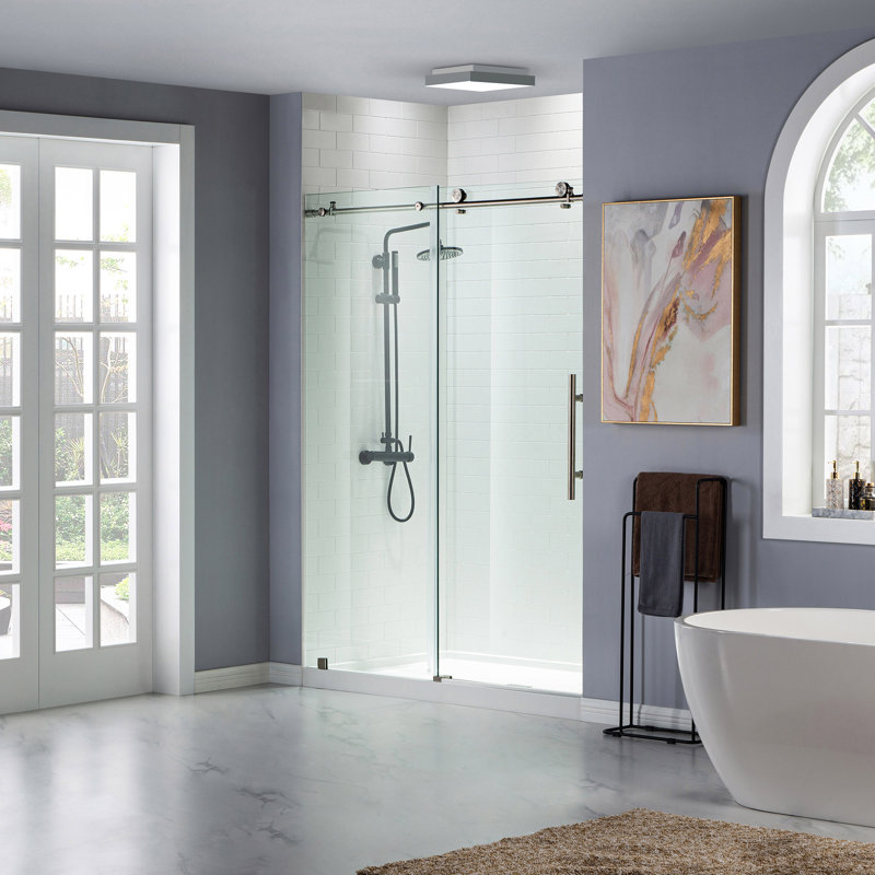 48 in. W x 76 in. H Sliding Frameless Shower Door with Header and Clear Glass