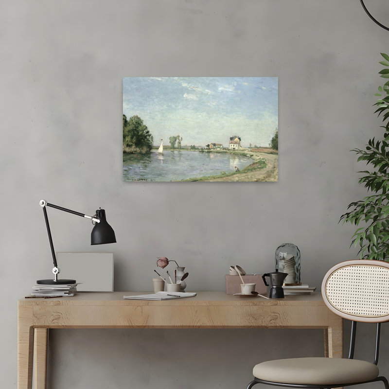 At The Rivers Edge, 1871 Impressionist Abstract Contemporary Landscape Tree Wall Art Print by Camille Pissarro - 1 Piece Wrapped Canvas Wall Art