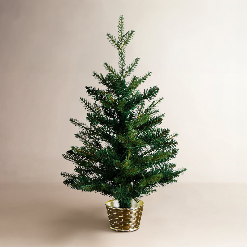 2 pi. Arbre de Noël artificiel classique pré-éclairé avec 35 lumières DEL blanc chaud et pot de fleurs décoratif doré