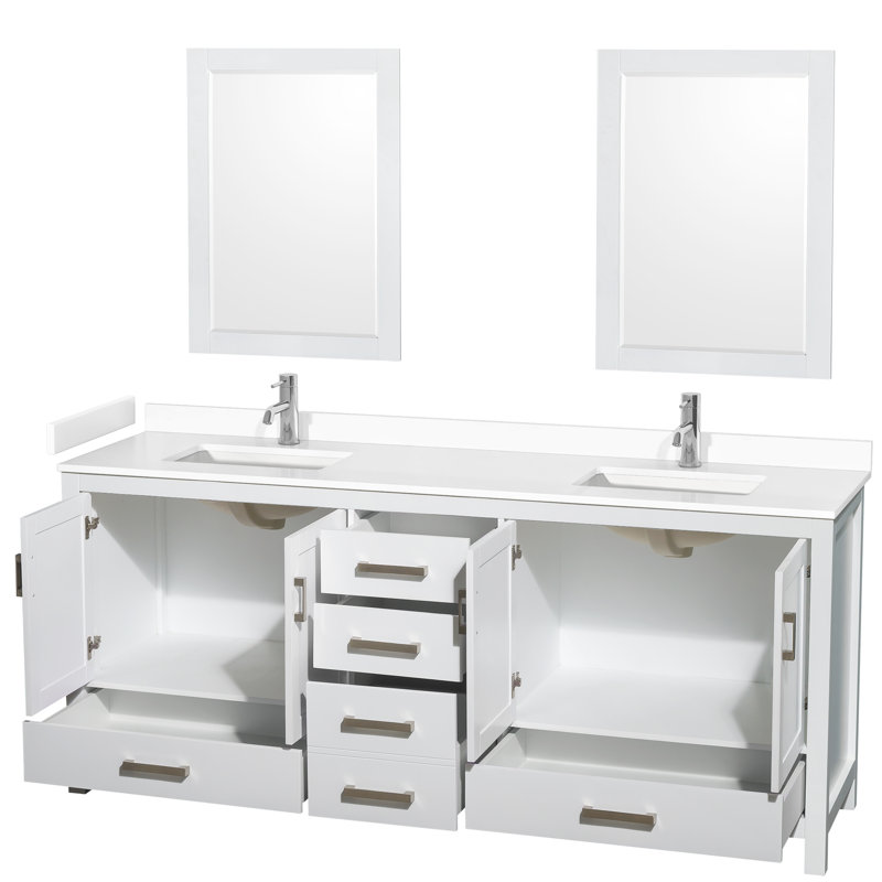 Sheffield 60" Bathroom Vanity Set with 24" Mirror, White Cultured Marble, White, 80" W