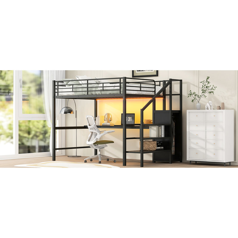 Lit mezzanine double en métal noir avec bureau, escalier de rangement, petite armoire et 7 couleurs à DEL, espace élégant de taille compacte, livré avec
