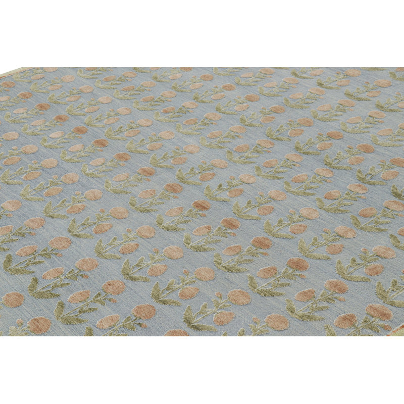 Rug & Kilim’S Block Print Rug Design With Brown And Green Floral Patterns, Rectangle 4' x 5'