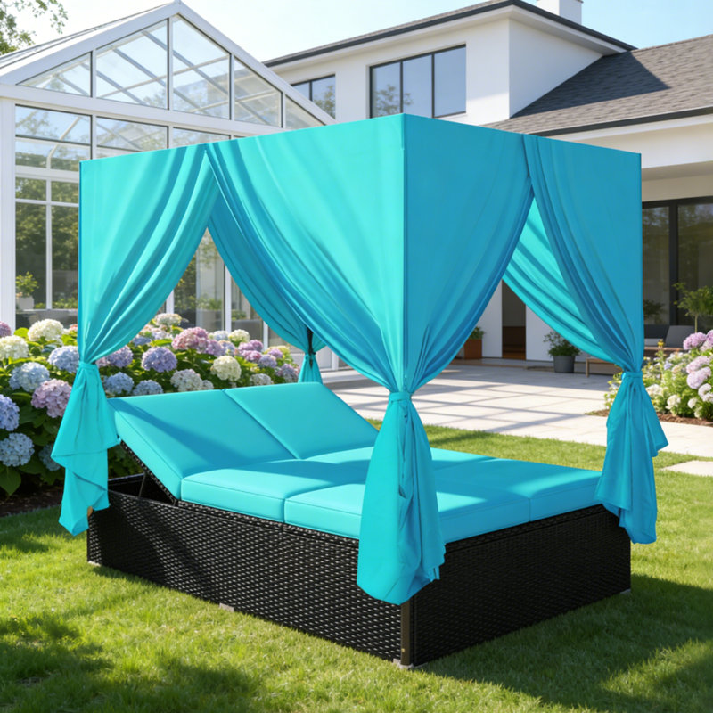 PE Rattan Outdoor Daybed With 4 Color Options Privacy Curtains & Water-Resistant Cushions For Patio & Poolside, Blue