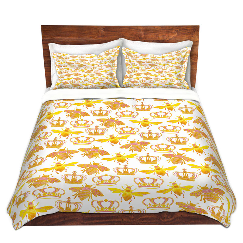  Ensemble de housse de couette Pom Honey Bees, 1 housse + 2 taies très grand lit, Jaune / Rose