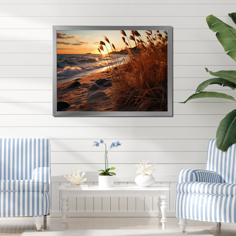 Amanollah Grass Sunrise Beach sur toile, Cadre photo argenté, H 16 po x l 32 po x P 1 po
