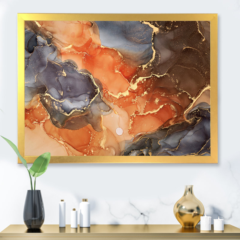 «Brown Luxury Abstract Fluid Art X», reproduction sur toile, H 16 po x l 32 po x P 1 po, Cadre photo doré