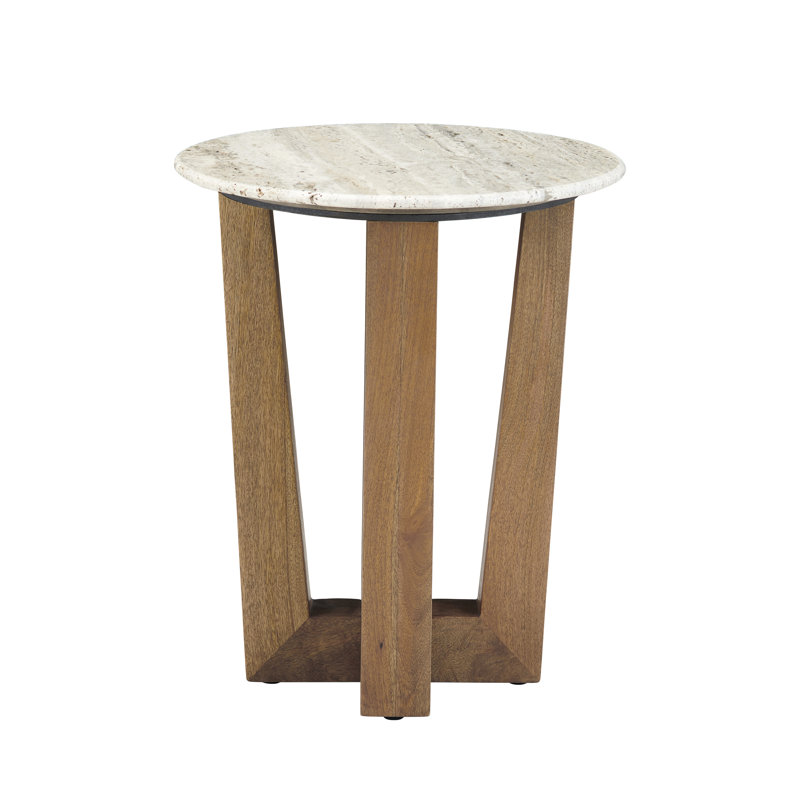 Table de bout ronde décorative en pierre de travertin gris naturel avec veines blanches, anthracite et brunes et base en bois massif brun