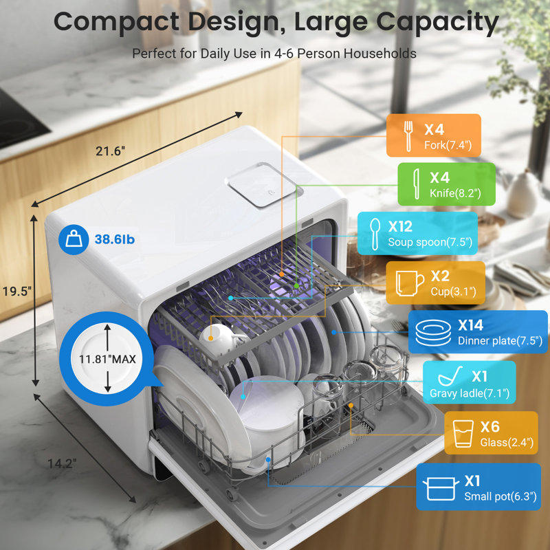 Countertop Portable Mini Dishwasher, 9 Programs,167℉ High-Temp, Hot Air Drying, Air Refresh, 360° 3 Spray, 24H Timing, LED Light, 5.2L Built-In Water Tank For Apartments Rvs