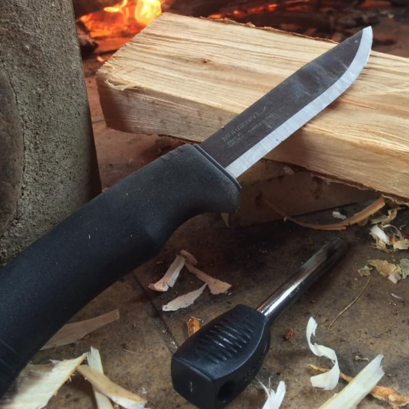 Morakniv Bushcraft Carbon Steel Survival Knife with Fire Starter & Sheath, Black