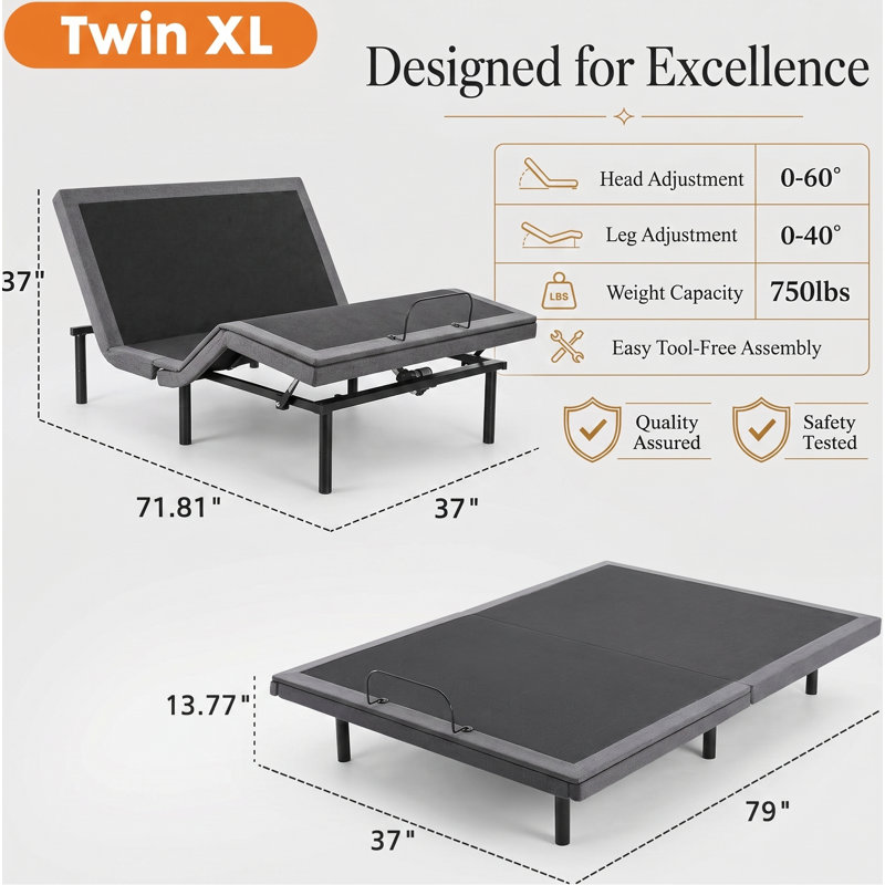 Base de lit réglable Smart Electric avec télécommande sans fil, base de lit ergonomique inclinée pour la tête et les pieds