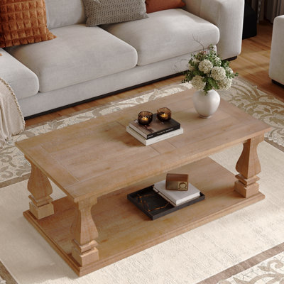 Rectangular Weathered Natural Farmhouse Coffee Table, Solid Wood Plank Top Coffee Table With Thick Baluster Legs, Distressed Light Wood Rustic Coffee