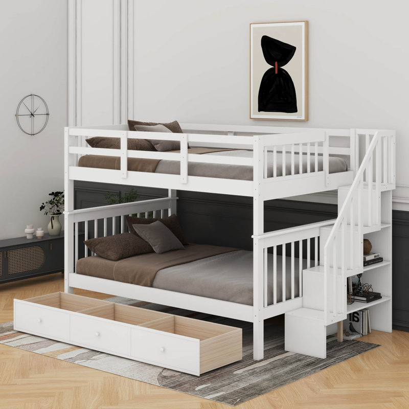 Lit superposé standard en bois 3 tiroirs, Blanc, Double sur double