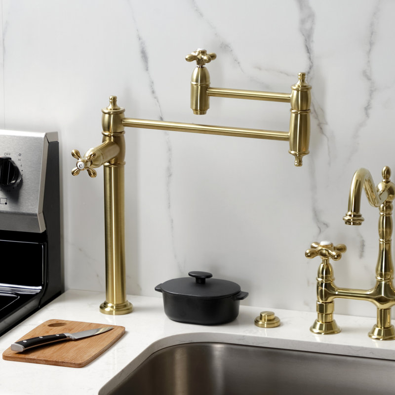 Kingston Brass Restoration Two-Handle 1-Hole Deck Mount Pot Filler Faucet, Brushed Brass