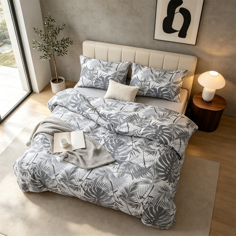Ensemble de couette réversible noir et gris à motifs botaniques pour lit queen, 7 pièces dans un sac, Grand lit