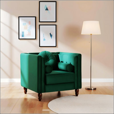 Chaise d'appoint classique Chesterfield, chaise d'appoint à accoudoirs carrés capitonnés avec pieds fuselés en bois, chaise longue rembourrée en velours écrasé