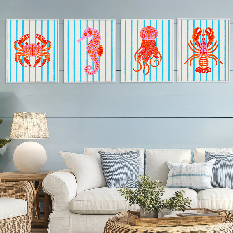Ensemble de 4 giclées encadrées Bright Sea Creatures on Stripes, design par Indira Prieto | IndySign, H 20 po x l 16 po