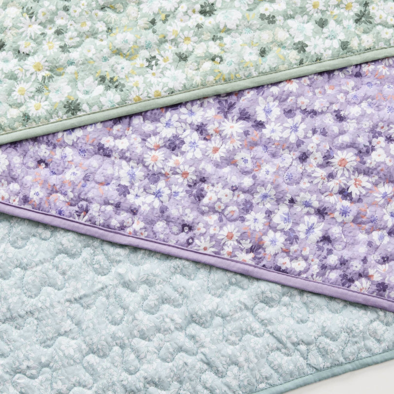 Courtepointe très grande / très grande taille, jeté, imprimé en microfibre, trois motifs floraux, coussin froncé, microfibre lavable à la machine,