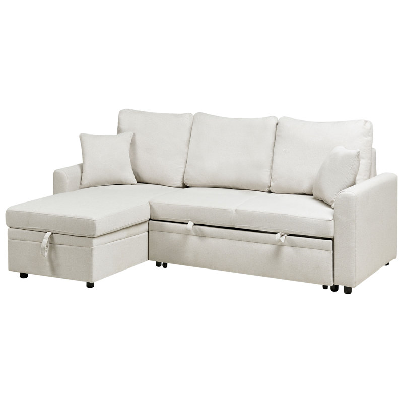 Corner Sofa Bed NASSJO Faux Linen Light Beige 3 Seater, Left Hand Facing, Beige