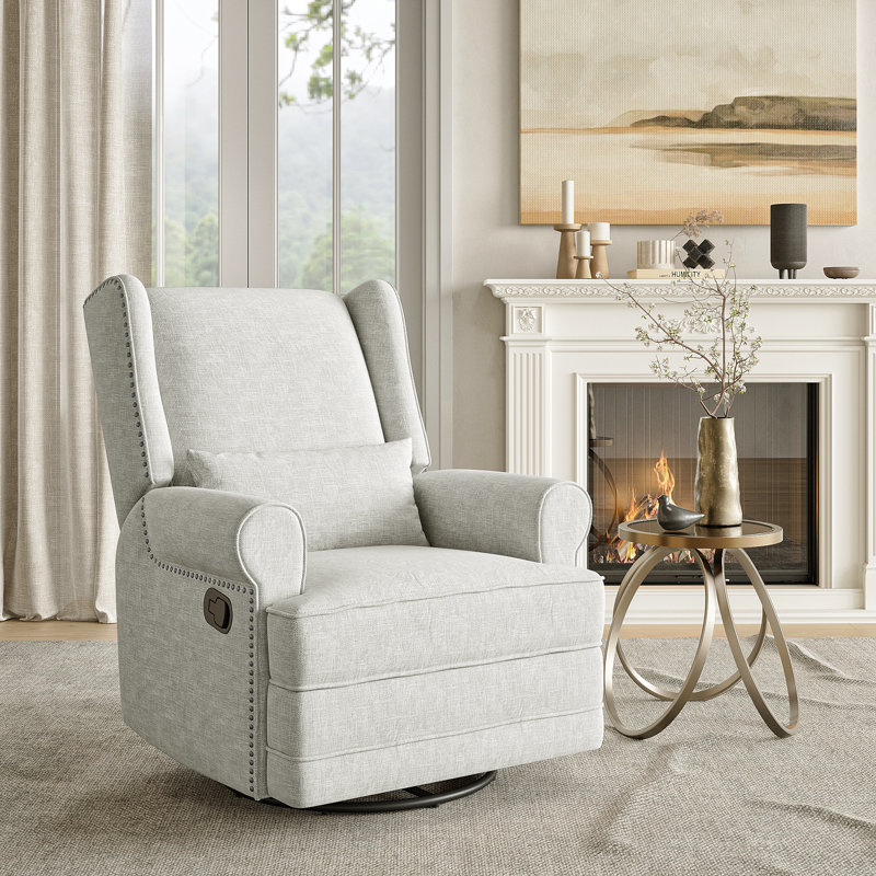 34" Wide Swivel Rocking Nursery Recliner Comfortable Upholstered Glider, Off White Polyester