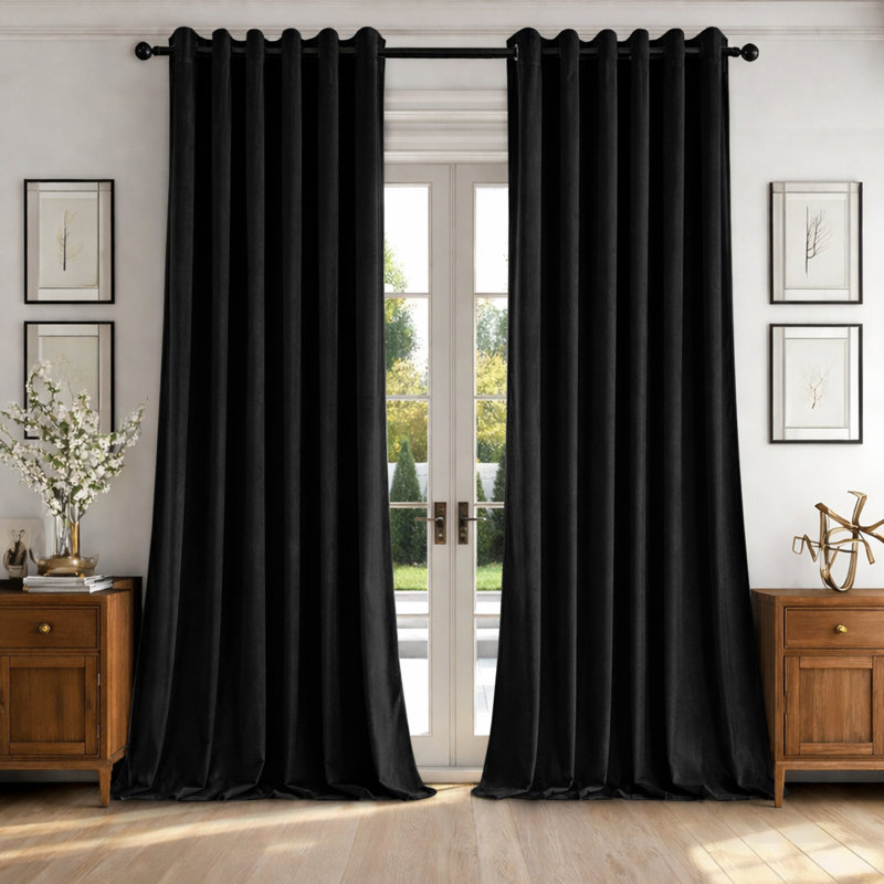 Alsey 100% Velvet Blackout Eyelet Ready Made Curtains & Drapes with matching Tie Backs, (117 Width X 137 Height) cm, Black