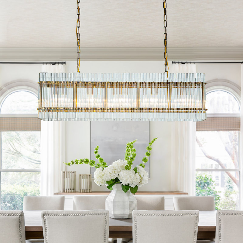 Longinus 38'' 5-light Modern Antique Gold Rectangular Dining Chandelier With Fluted Glass Panel Shade