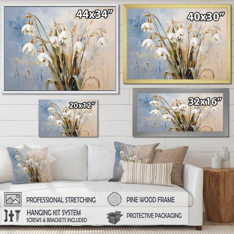 «White and Blue Snowdrops Simplicity II», reproduction sur toile, Cadre flottant noir, H 34 po x l 44 po x P 1,5 po