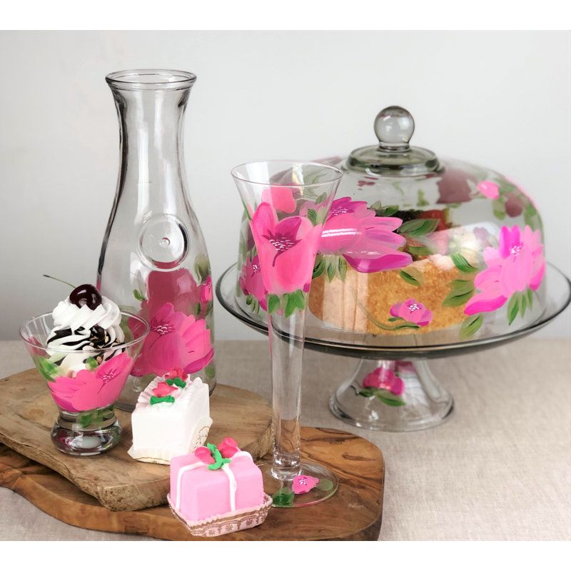 Hand Painted Pink Peony Glass Flute Set