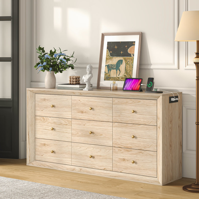 Mid-Century Modern 9-Drawer Wood Dresser With Built-In Power Outlets, Wide Storage Chest For Bedroom Or Living Room, Beige