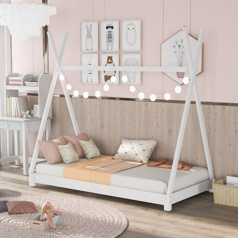 House Platform Bed With Triangle Tructure, White